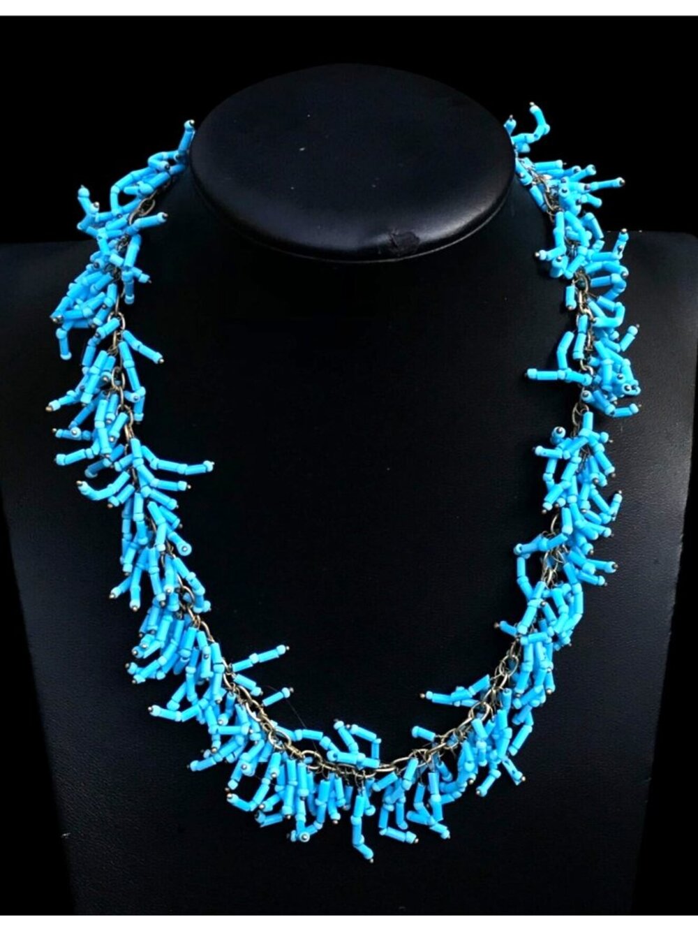 ZAD Turquoise Bugle and Seed Bead Fringe Collar Necklace 18" Adjustable